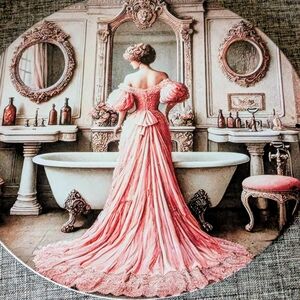 Vintage Style Round Metal Wall Art Featuring A Victorian Lady.